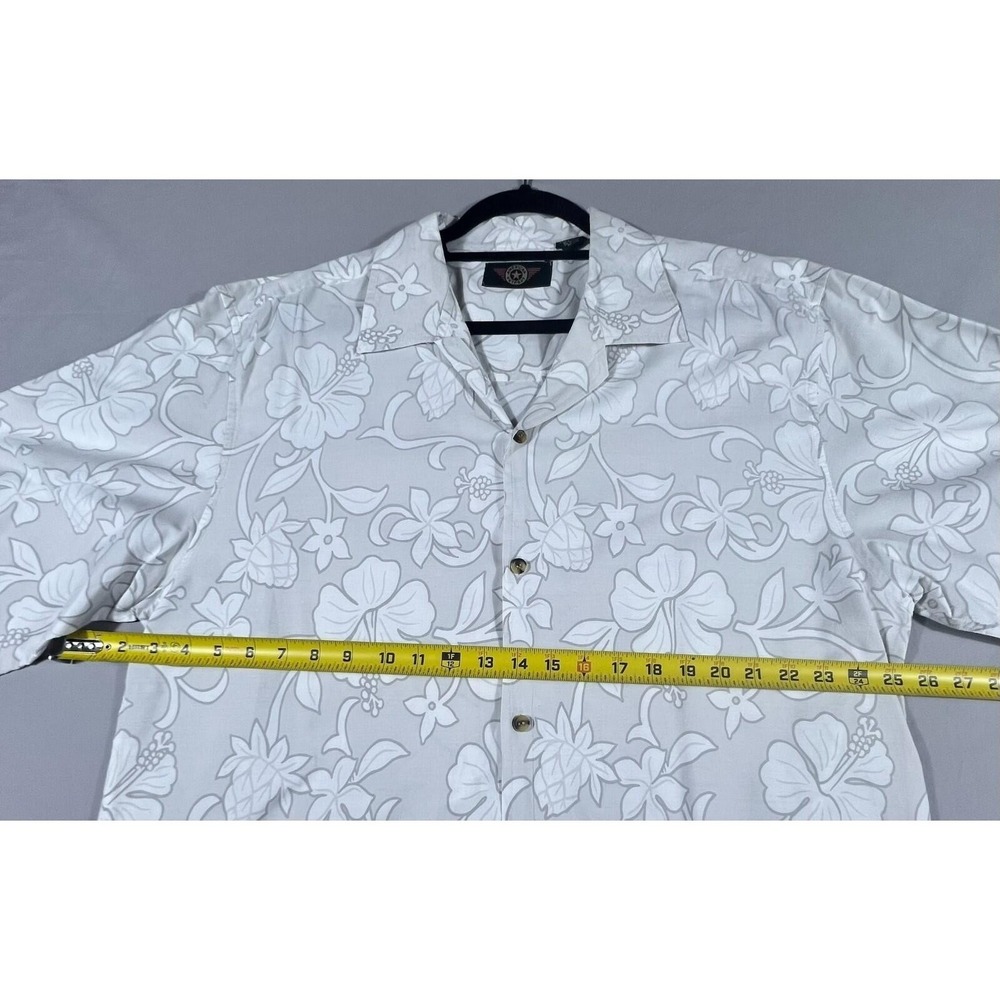 American Outpost Men's XL Floral Hibiscus Pineapple Cotton Camp Shirt Grey White - Picture 6 of 10